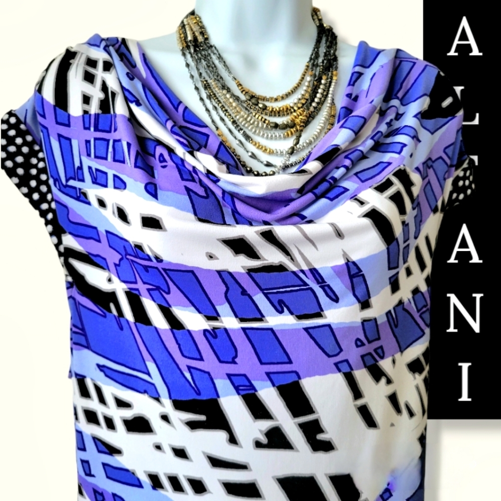 Scoop Drape Neck ALFANI Dress Womens XL Cap Sleeves Stretch Blue Black Purple - Picture 5 of 13